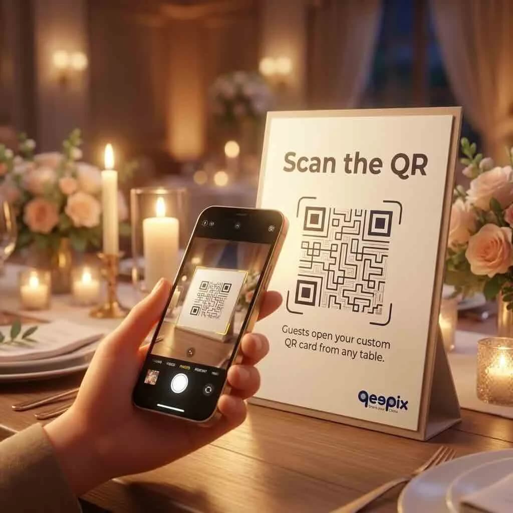 Scan the qr code. guests open your custom qr card from table